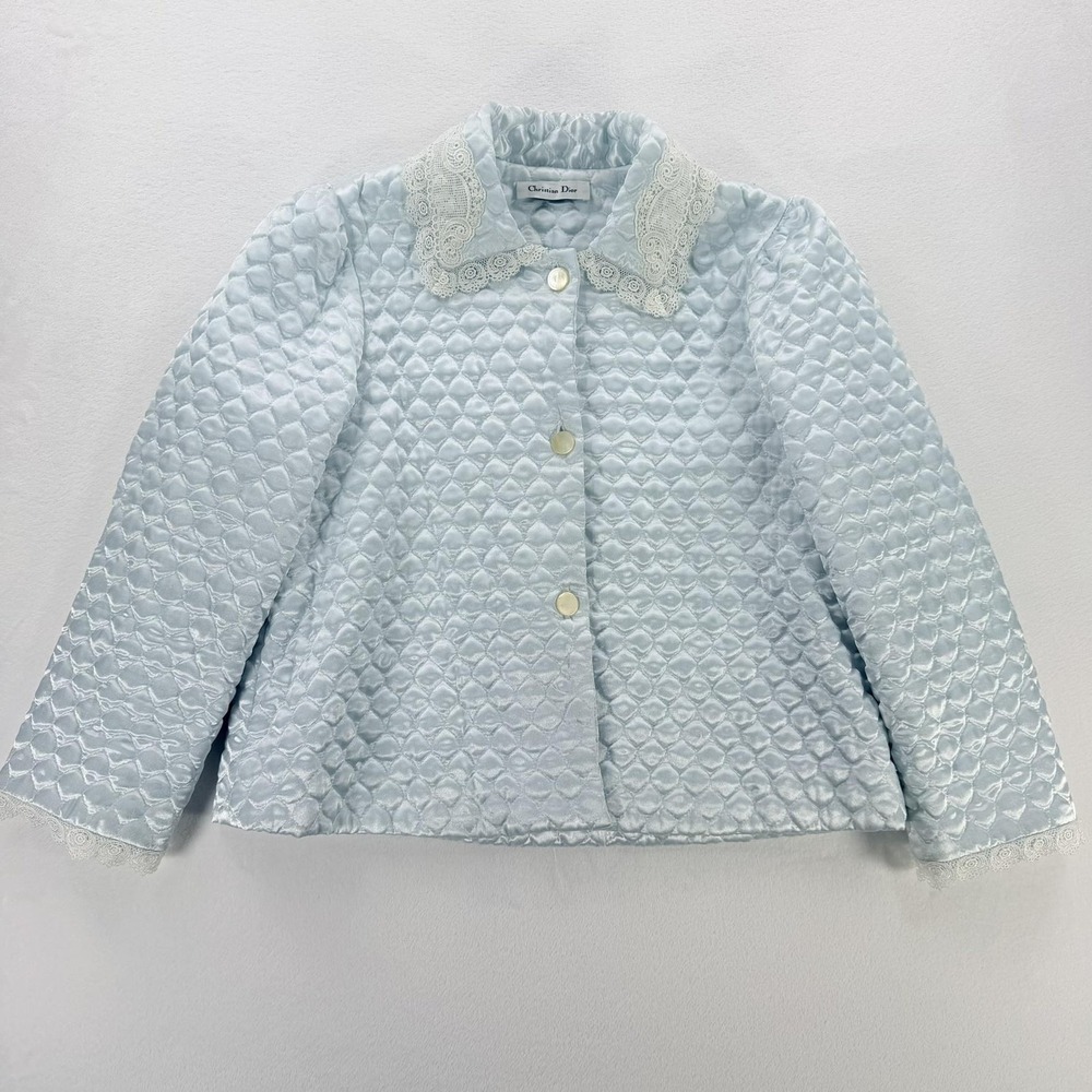 Christian Dior Jacket Womens Small Blue Quilted Satin Lace Collar Button Winter
